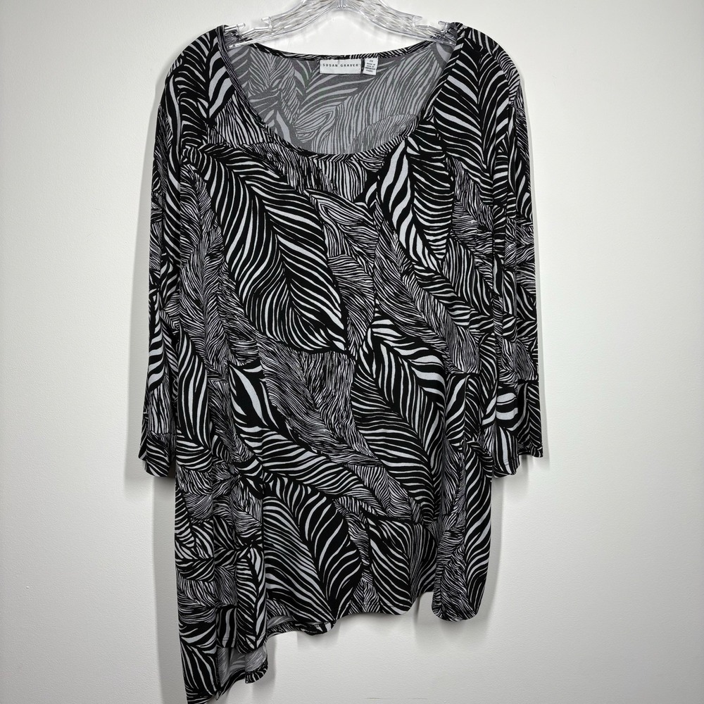 Susan Graver Women Liquid Knit Zebra Print Tunic Top Size 2X Asymmetrical Mature